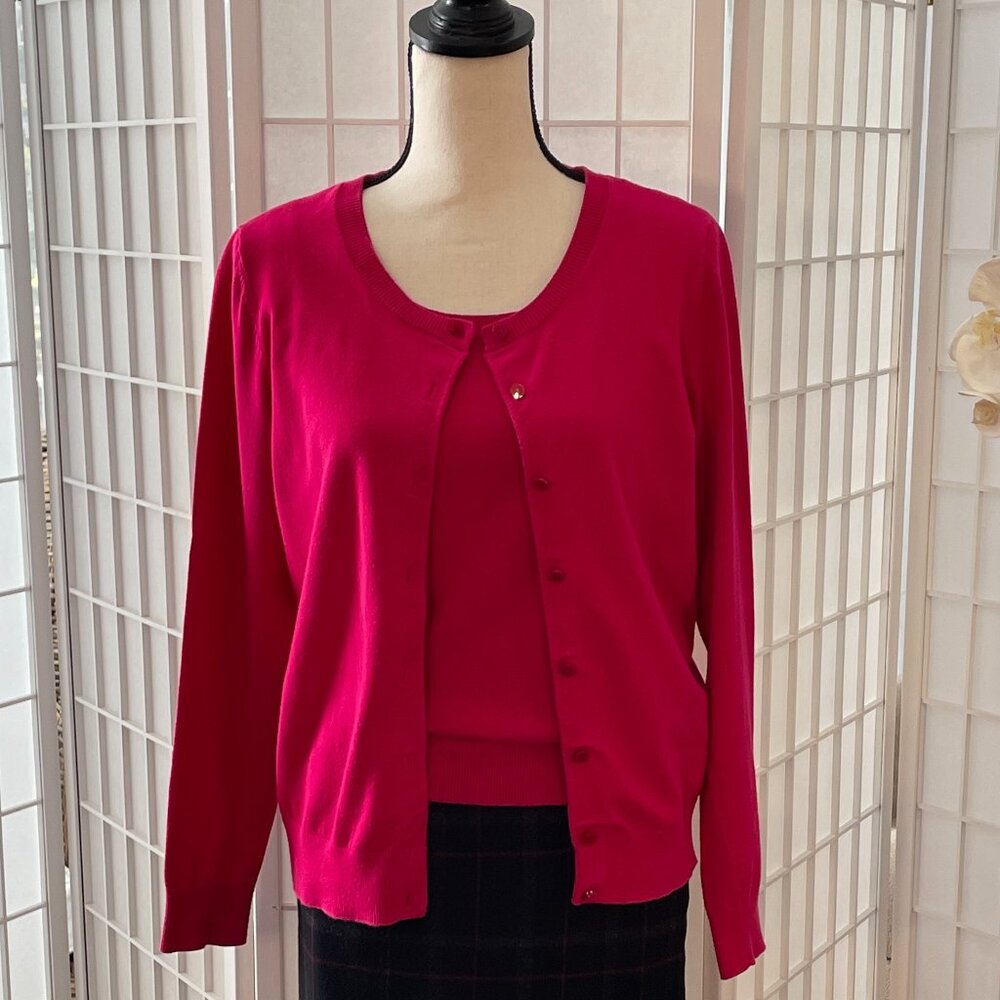 Talbots Pima Cotton Cardigan Twinset in Fuchsia Pink - Size Medium Petite